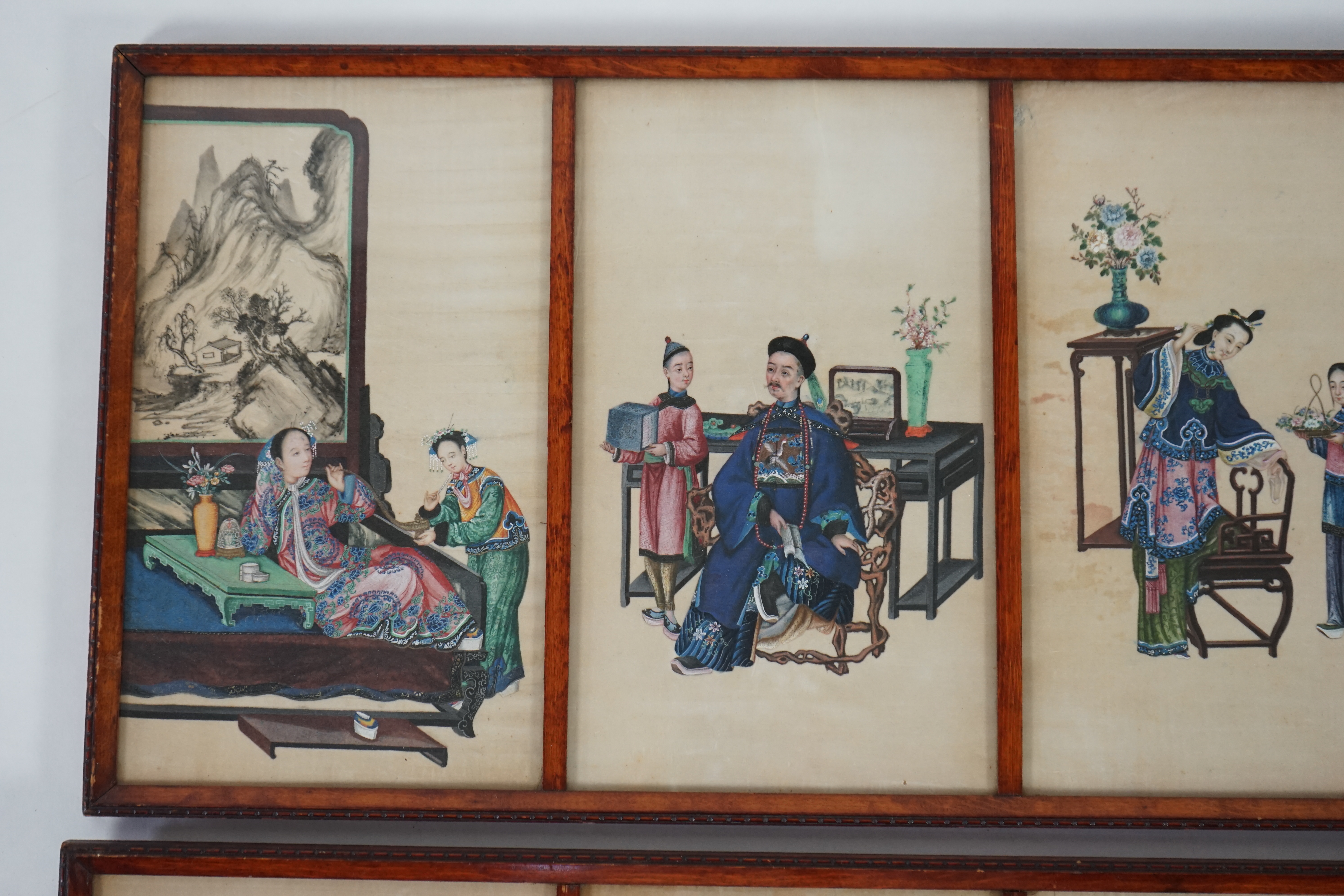 A set of eight Chinese pith paintings of an emperor and empress, court dignitaries and attendants, mid 19th century